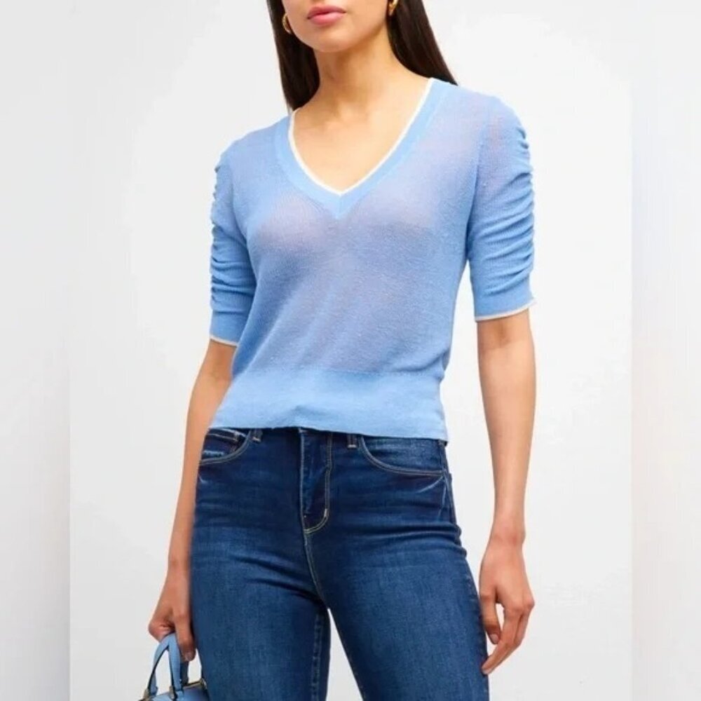 VERONICA BEARD Saville V- Neck Sheer linen Sweater Women Size M Medium